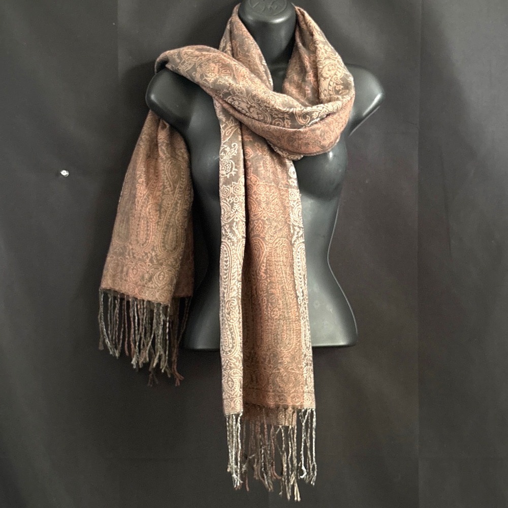 Scarf OS Brown Paisley Boho Fringed Pashmina Style Wrap 75" Witchy Whimsigoth